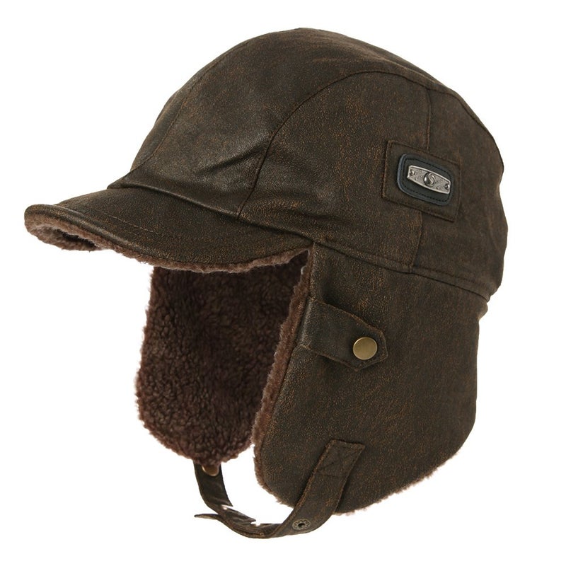 Comhats Unisex Pilot Earflap Hat Aviator Cap Faux Leather Adult Brown Women Winter Trapper Hunting - Image 1